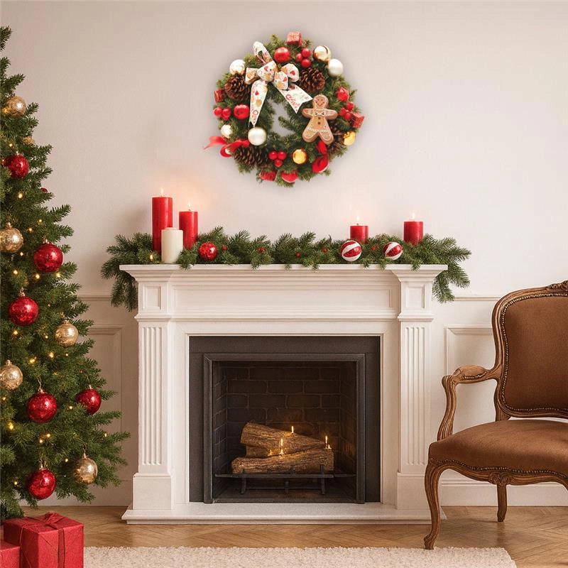 MAURY'S GHIRLANDA DI NATALE IN PVC VERDE CON FIOCCO DECORAZIONI VARIE E GINGERBREAD DIMENSIONI 40 CM