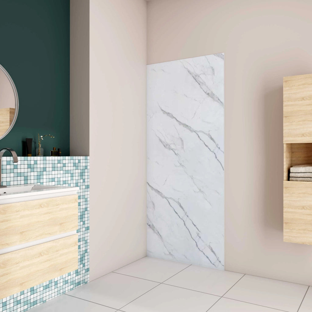 120x210 cm Pannello Doccia Realizzato in Alluminio Spessore 3mm con Profili Finitura Bianco Alba per Rivestimento Parete Bagno