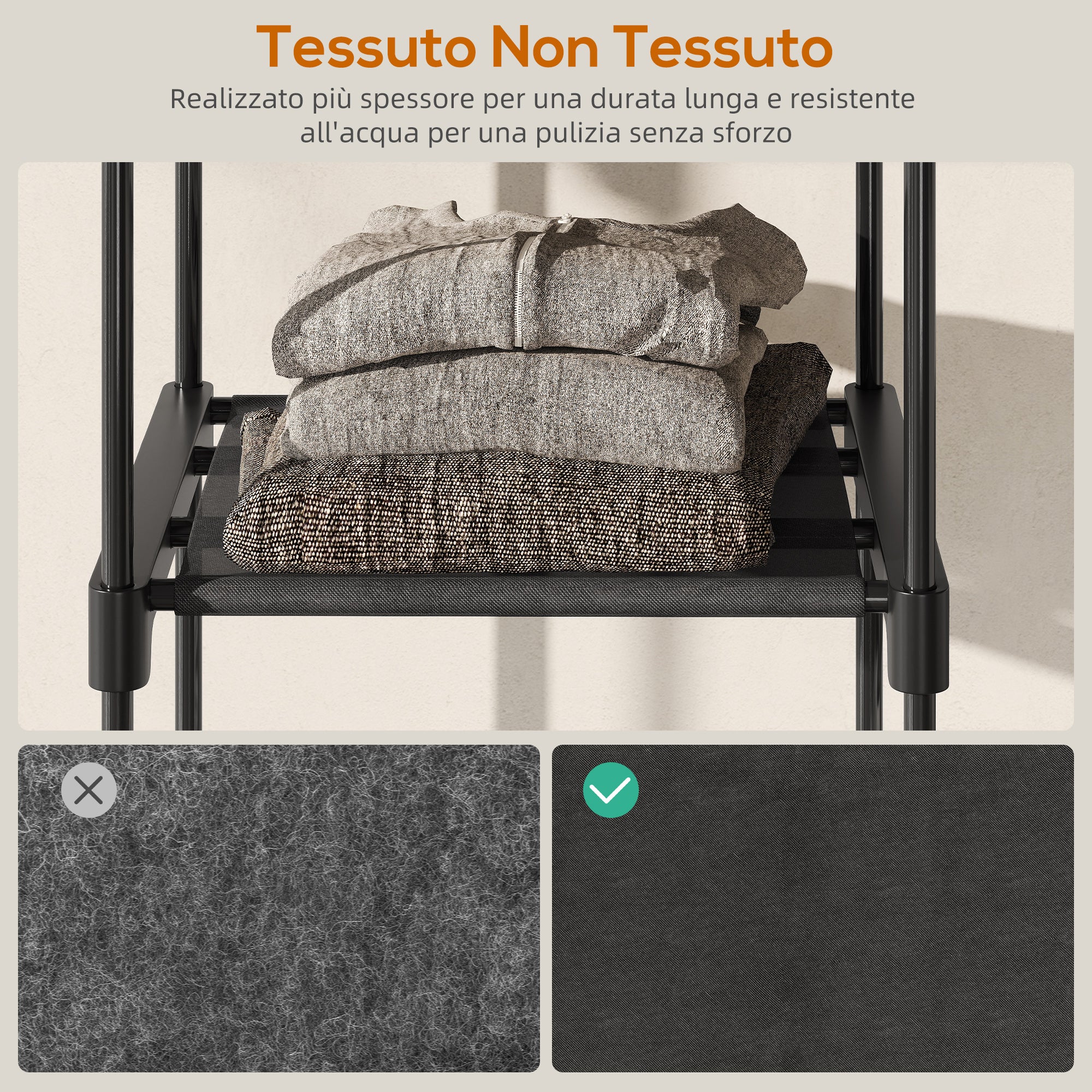 Armadio Guardaroba 182x43x185 cm con 8 Ripiani e 3 Aste per Appendere in Tessuto Nero