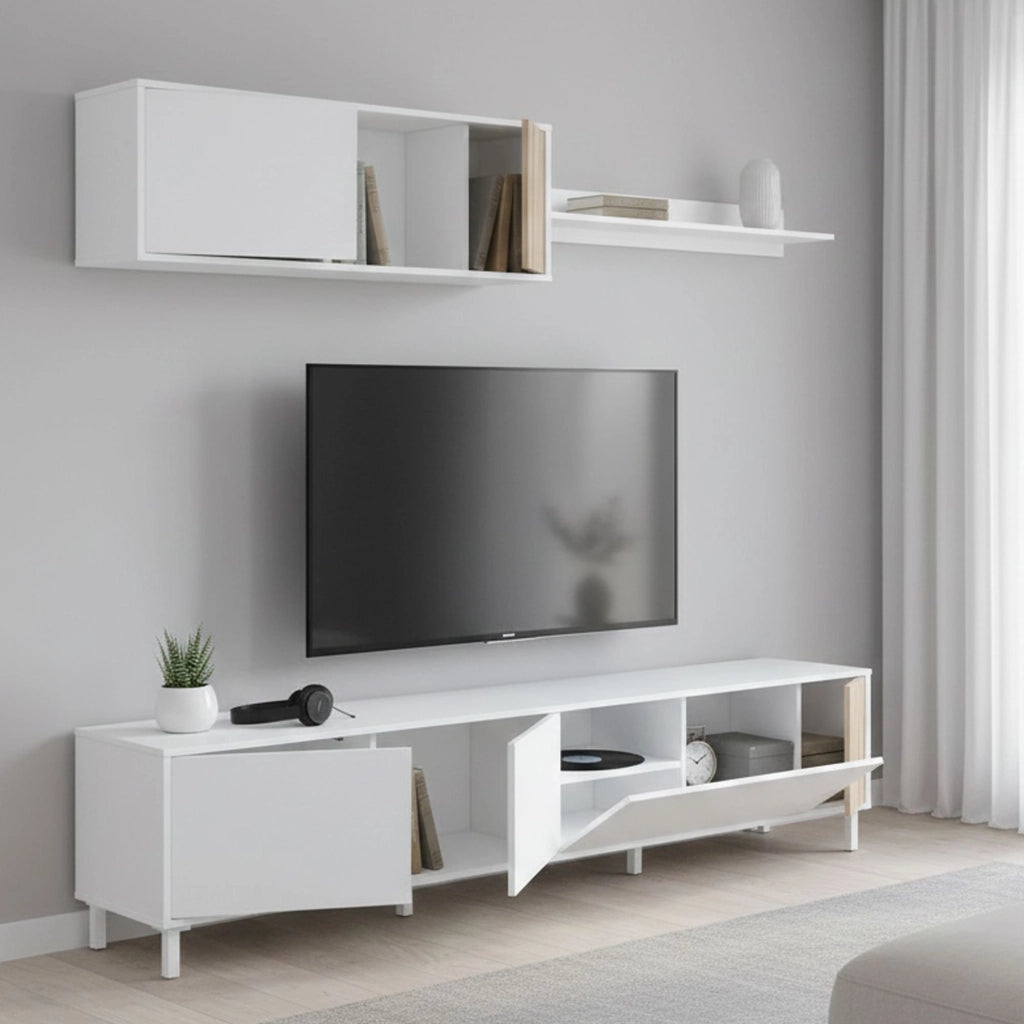 Mobile porta TV Banari, Armadietto soggiorno con ante, Armadio pensile con mensola, Credenza multiuso, 200x40h47 cm, Bianco e Rovere