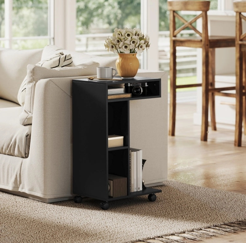Carrello laterale nero a forma di C con 3 ripiani e 4 ruote, 40x30x69 cm