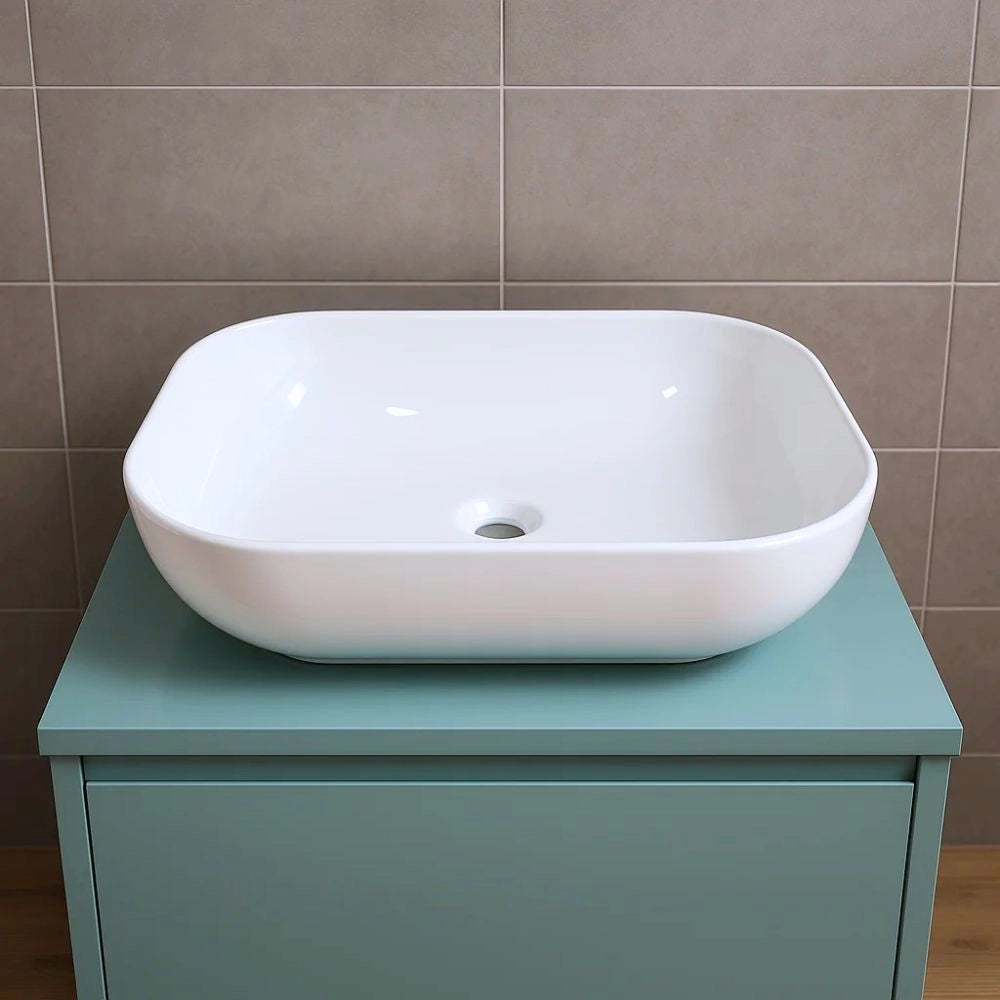 Lavabo da appoggio ceramica bianco rettangolare arredo bagno 50,5x40,5x14 cm *** finitura- lucido, confezione 1