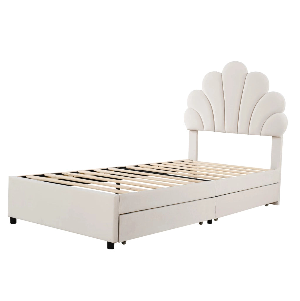 Letto imbottito 90x200 cm con 2 cassetti; velluto beige (Senza materasso)