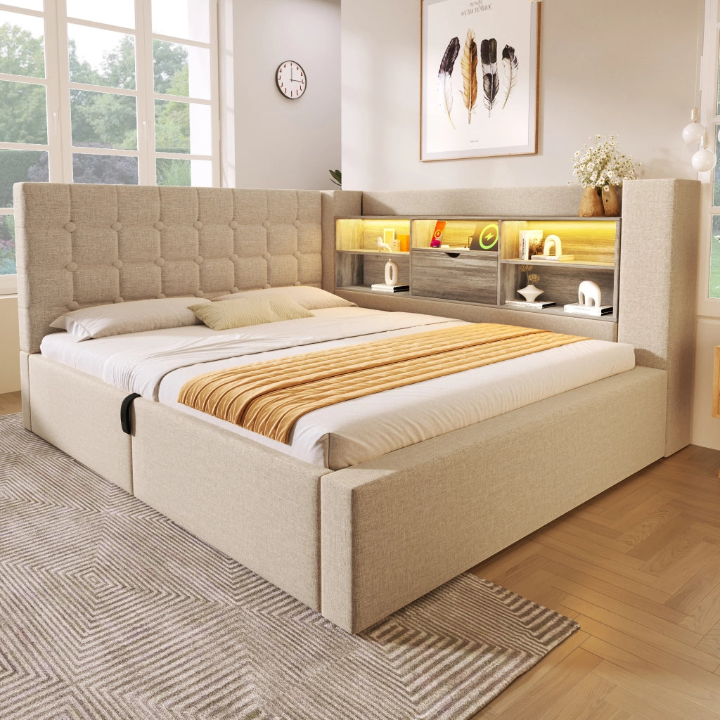 OKWISH Letto Contenitore 140×200 cm, Letto Matrimoniale con LED Regolabile, USB e Type C, Testiera a L Reversibile, senza Materasso, Beige