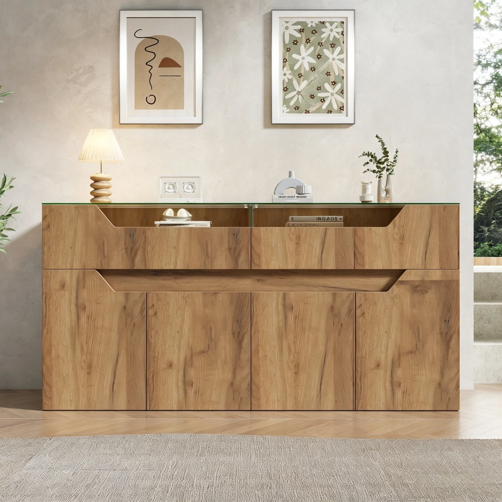 Credenza con 2 cassetti e illuminazione LED in MDF e vetro 140×40×70 cm naturale