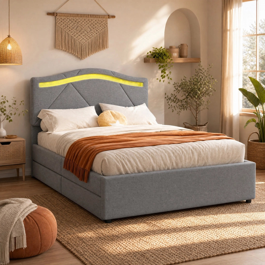 LETTO con LED e 2 cassetti 90x200 cm Lino e MDF Grigio