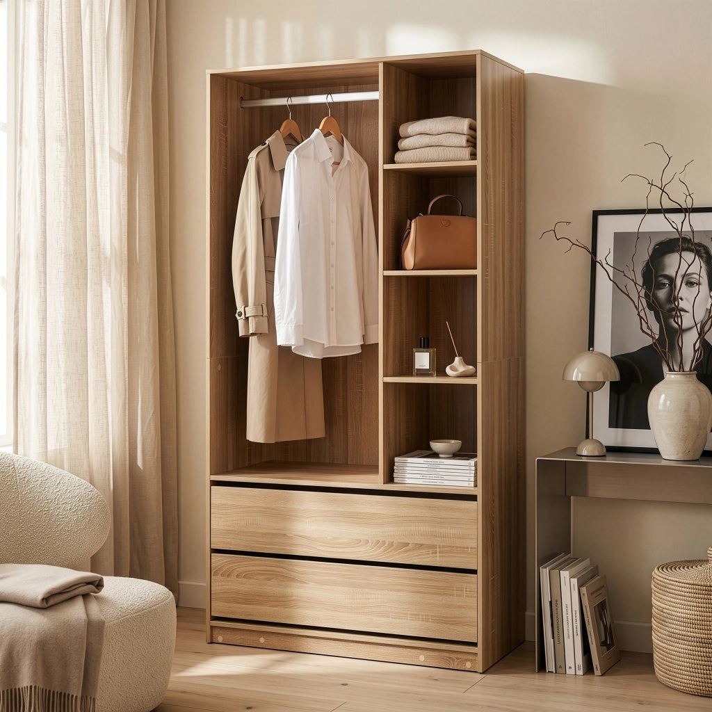 Armadio Aperto Vippsaki Guradaroba con Barra Appendiabiti 4 Scomparti e 2 Cassetti 200 x 100 x 50 cm - Effetto Rovere [en.casa]