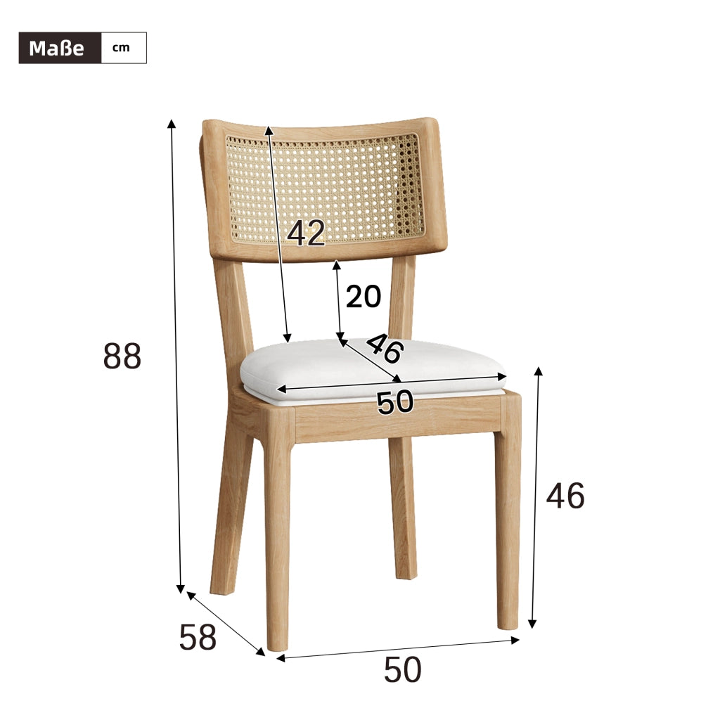 Set di 2 sedie da pranzo in legno massello con schienale in rattan e cuscino in lino, stile moderno, colore legno