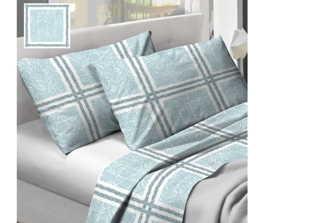 Completo Lenzuola In 100% Cotone  Disegno Tartan Colore Azzurro Modello O.B. - Singolo - Azzurro