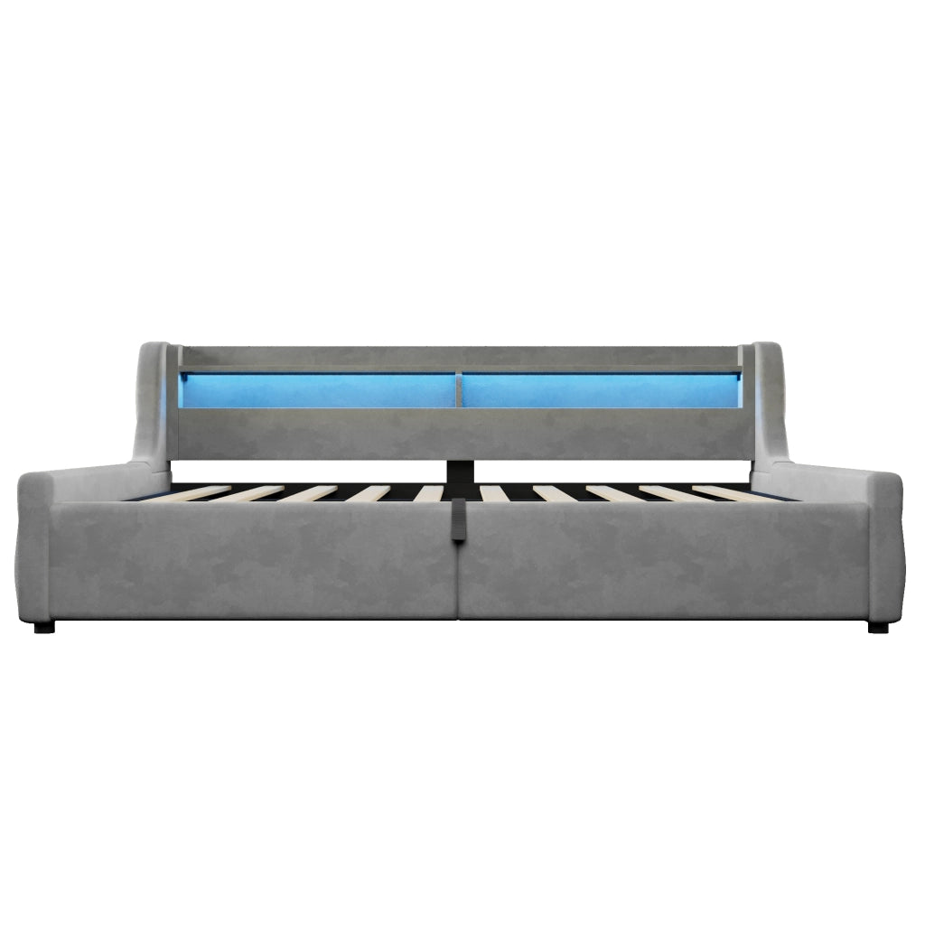 DESMIU Letto con contenitore 140 × 200 cm 2 posti con LED e spazio, senza materasso, in flanella, grigio