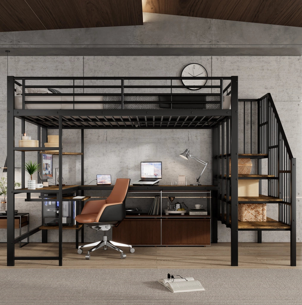 Letto a soppalco 120x200 cm con scrivania, scala ad angolo e porta di ricarica