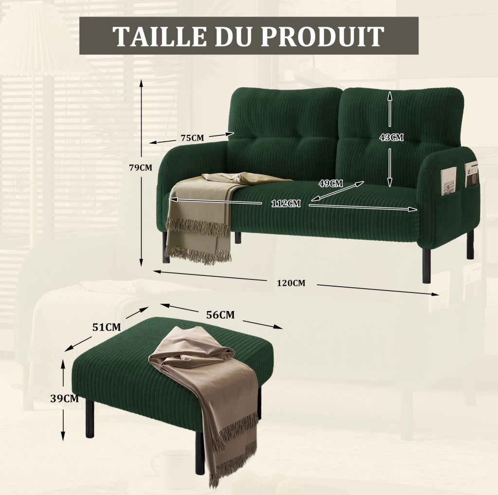 Divano 2 posti in corduroy verde smeraldo 120 x 75 x 79 cm con tasca laterale e gambe in metallo