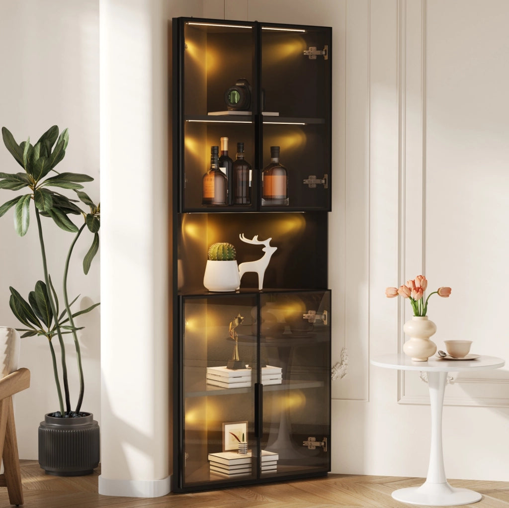 Vetrina angolare triangolare 62x32x160 cm in MDF nero con frontali in vetro e LED