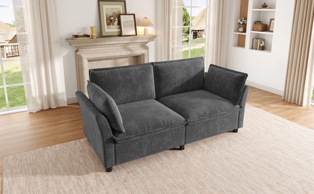 Divano a 2 posti modulare con seduta confortevole e braccioli con cuscini in chenille grigio 155 × 81 × 87 cm