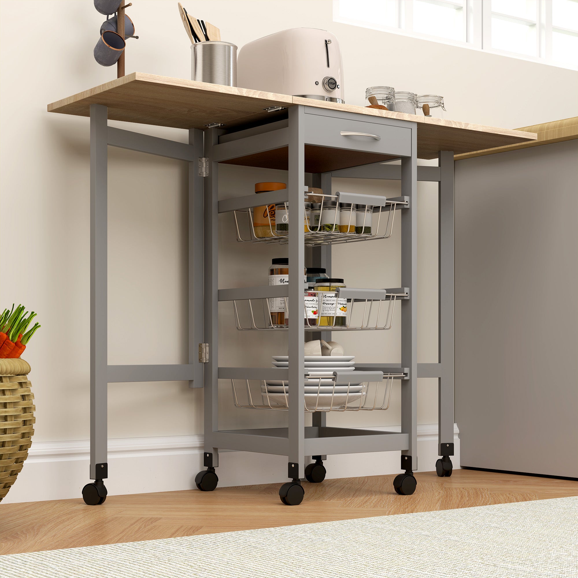 Carrello da Cucina 37x37x77,5 cm con 3 Cestini e 2 Ribalte in Legno e Metallo Grigio e Rovere