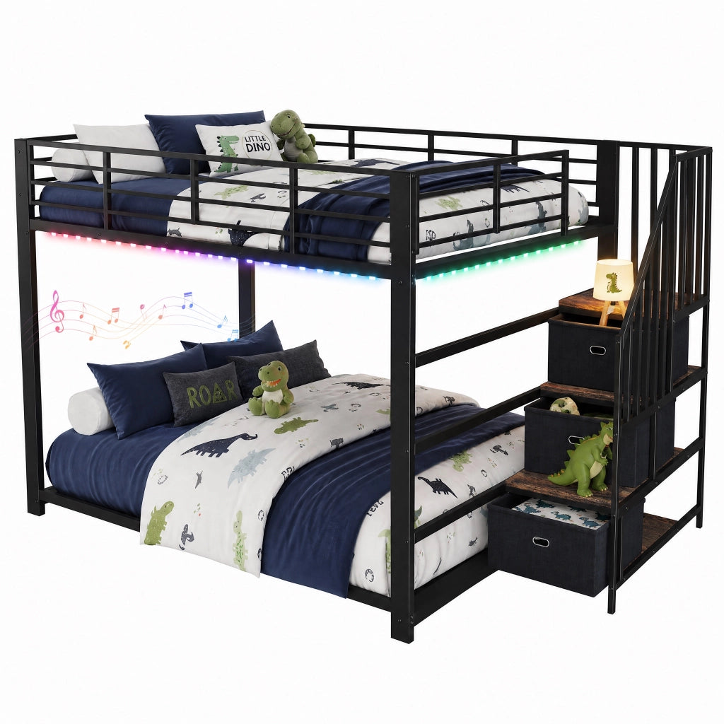 Letto a castello 140x200 cm in metallo e MDF con scala contenitore; LED e prese; nero