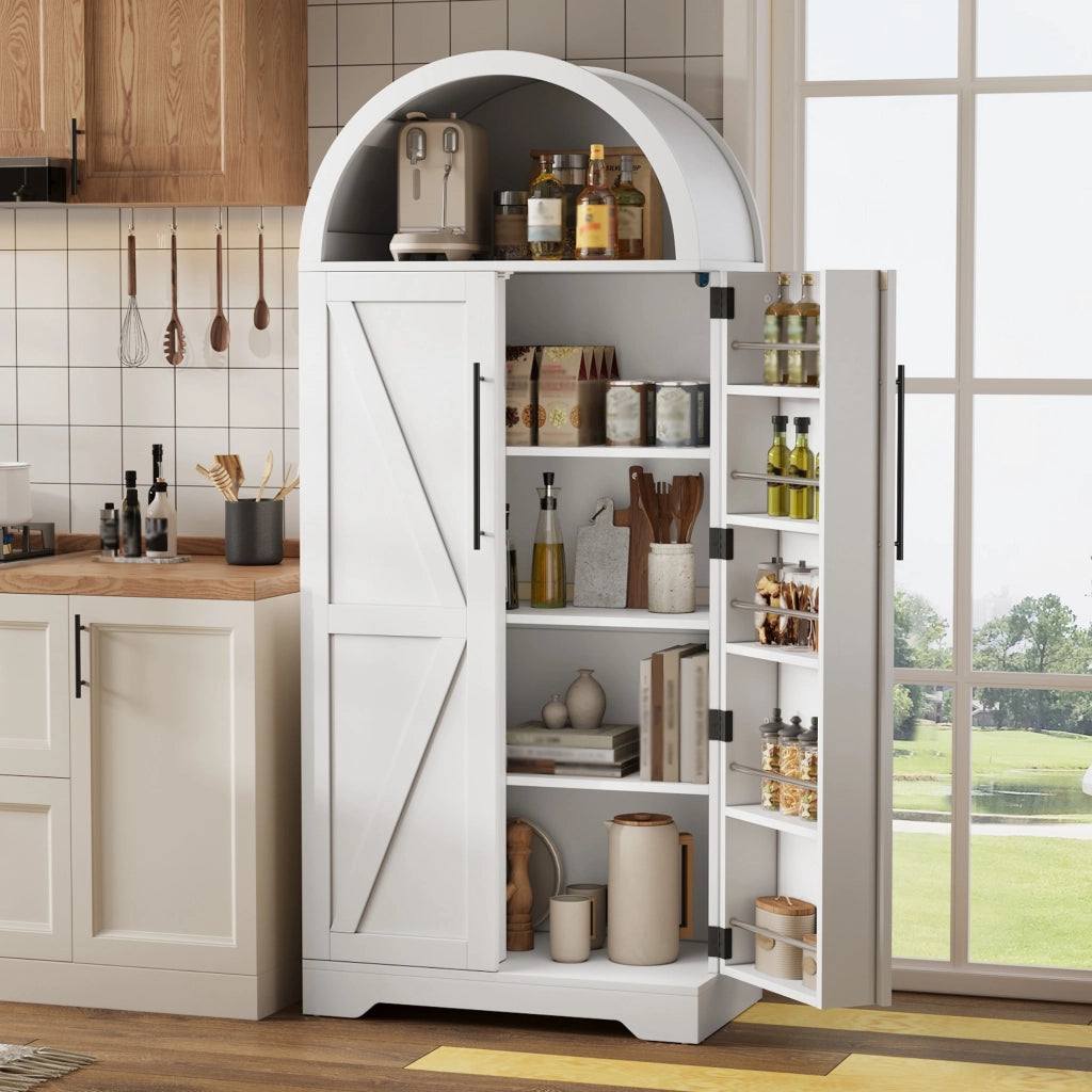 Armadio ad arco moderno 70x40x165 cm bianco in MDF, con vani aperti, ripiani interni e ante con dettaglio X
