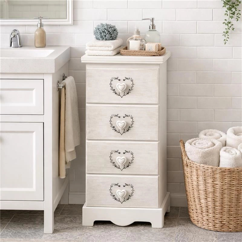 MA MAISON CASSETTIERA 4 CASSETTI IN LEGNO 31X26X80 CM, MOBILETTO SALVASPAZIO PER CAMERA DA LETTO BAGNO INGRESSO, STILE SHABBY BIANCO