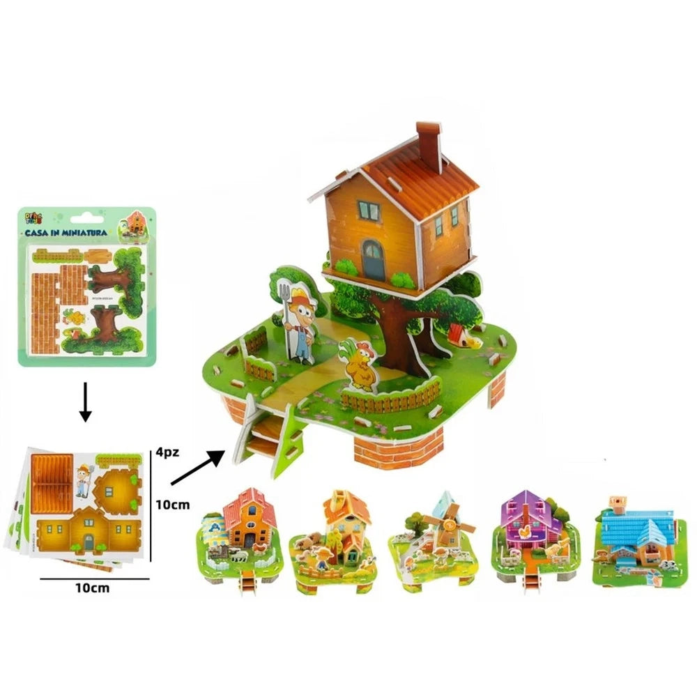 Trade Shop - Kit 12pz Puzzle 3d A Forma Di Casetta In Miniatura Per Bambini Costruzione Fai Da Te 32392 -