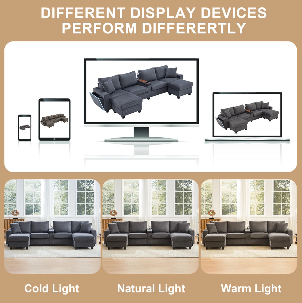 Divano a U in velluto a coste con 2 pouf contenitore; LED; USB e Type-C; grigio 334x128;5x81 cm