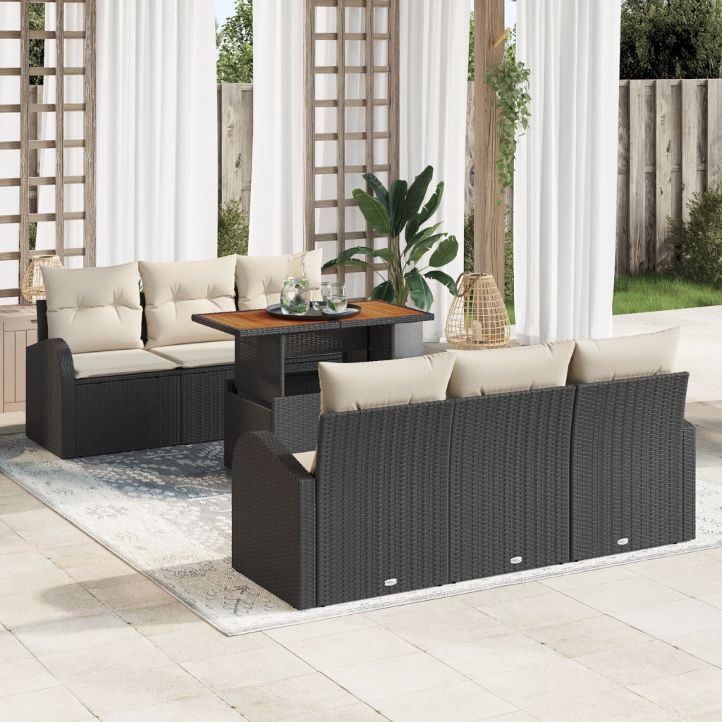 Set divano da giardino da 7 pezzi con cuscini neri in polyrattan