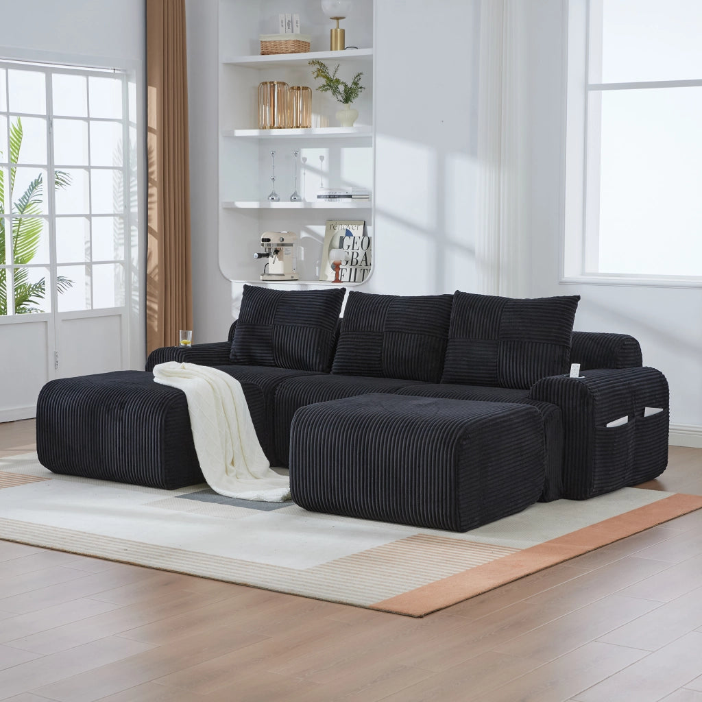 Divano modulare a 3 posti con portabicchieri e tasca laterale in tessuto effetto corduroy nero 268 × 174 × 66 cm