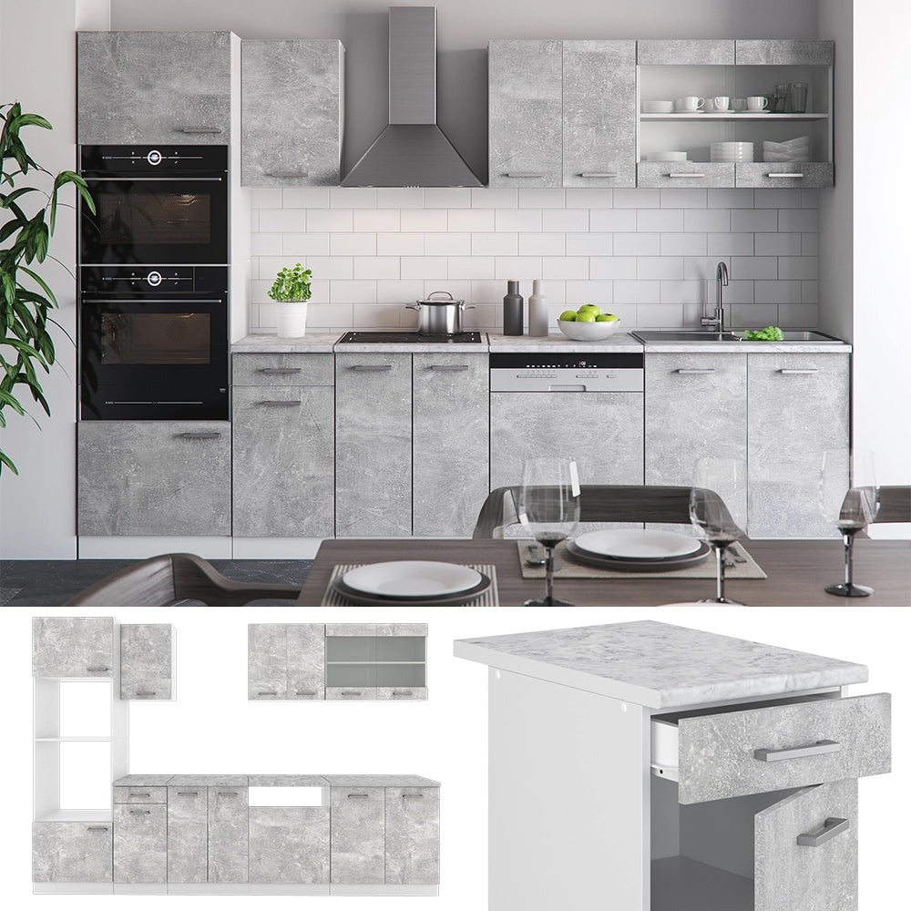 Vicco Cucina componibile Cemento/Bianco 300 cm con armadio alto, PL Rovere