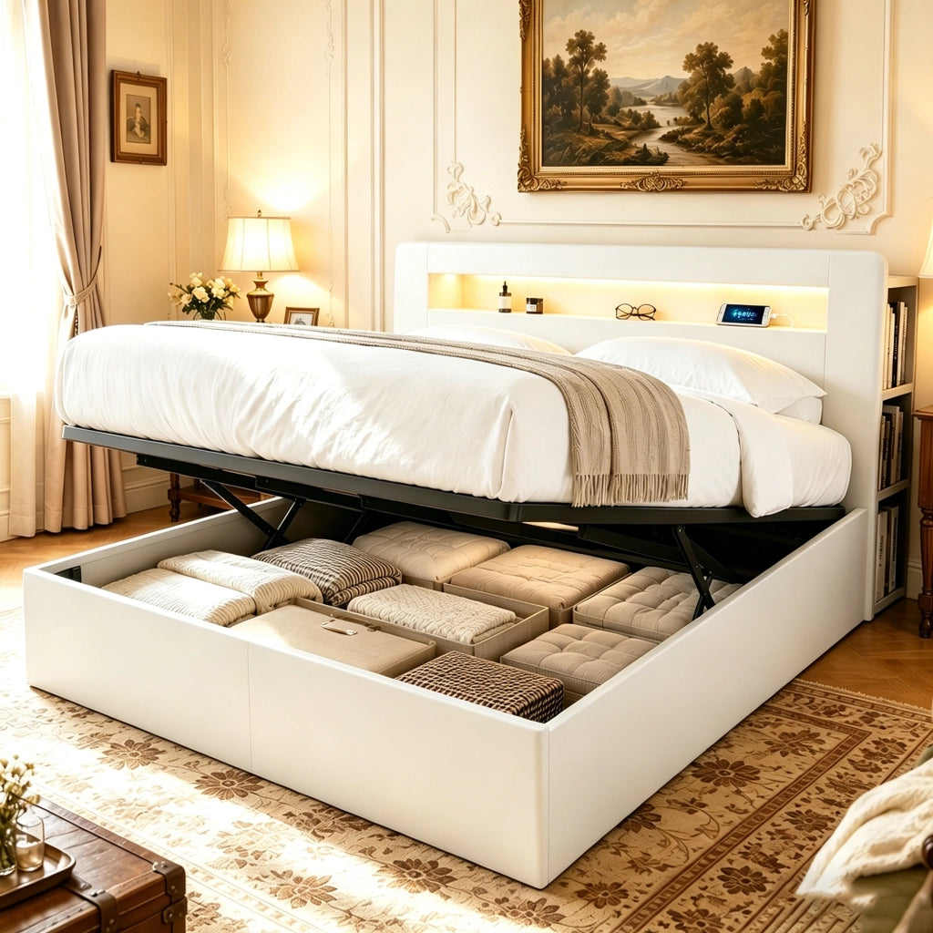 Letto contenitore 180 × 200 cm con sollevamento idraulico, LED, prese e ripiani, senza materasso, bianco