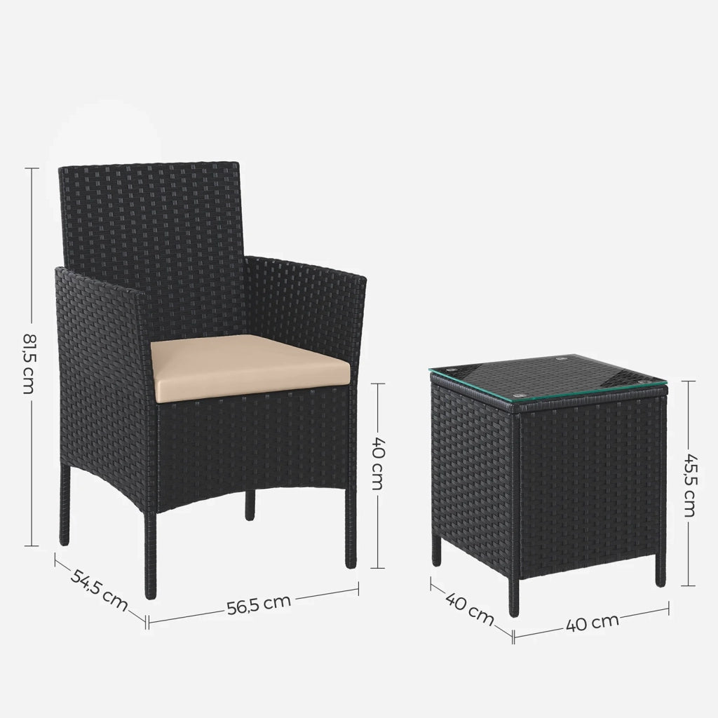 Set di mobili da giardino da esterno in tre pezzi tavolo e sedie con superficie intrecciata in PE per terrazza giardino balcone nero e tortora 12_0001653