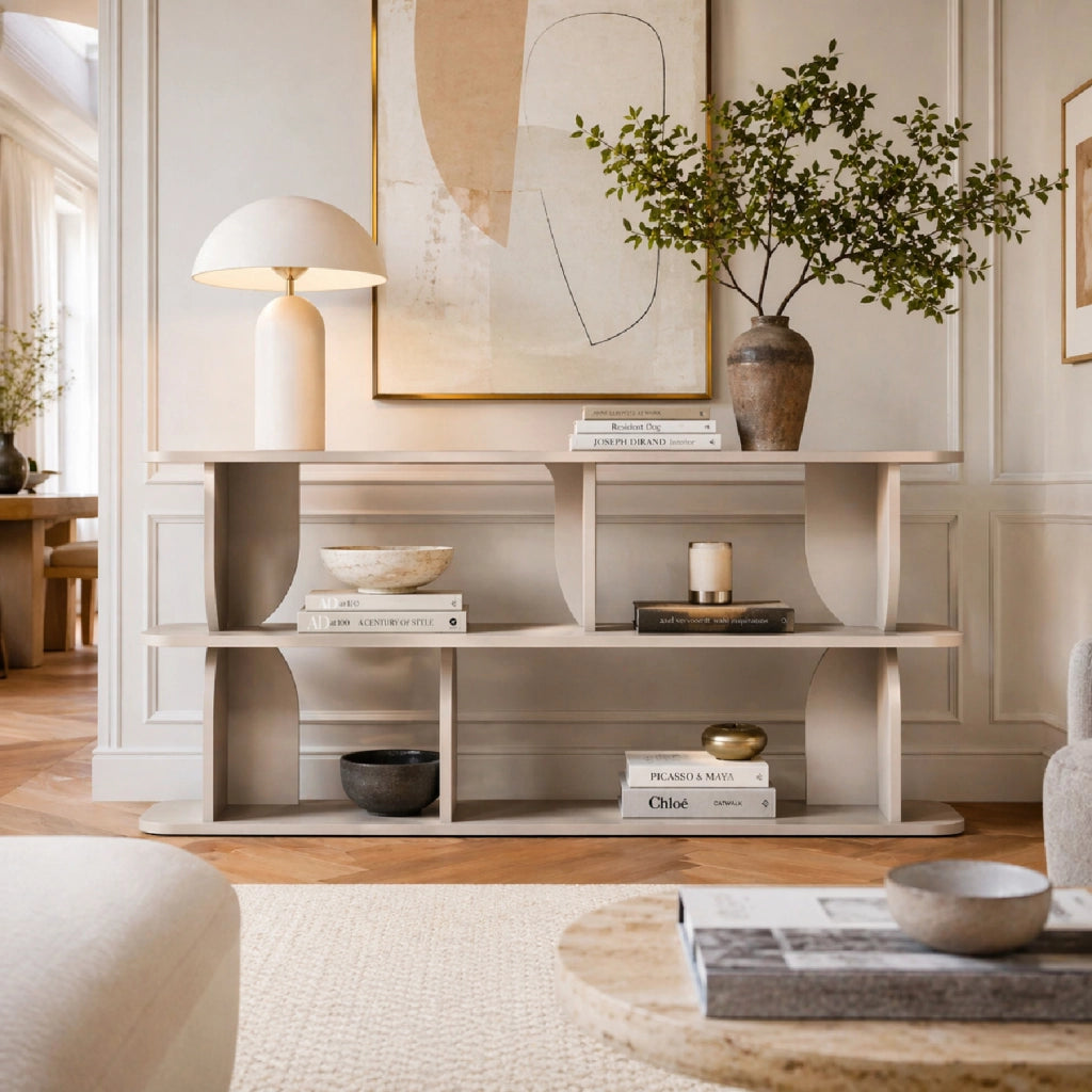 Libreria Moderna Per Soggiorno Con 4 Vani A Giorno E 3 Ripiani Design Minimal Mobile Per Corridoio Studio Ufficio Stile Contemporaneo In Melaminico 160 X 74 X 34 Cm Cashmere