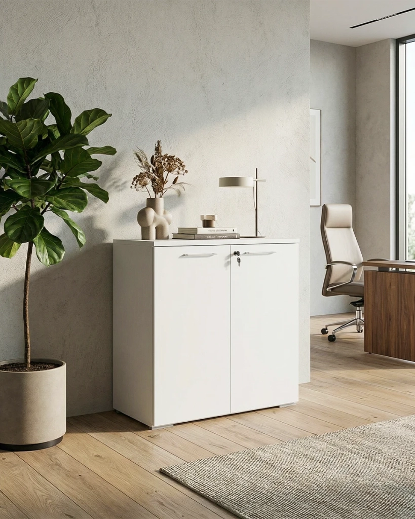 Armadio ufficio Texas - Mobile archivio basso 2 ante con serratura - 1 mensola incluse - L. 90 x H. 83 x P. 42,5 cm – Bianco_