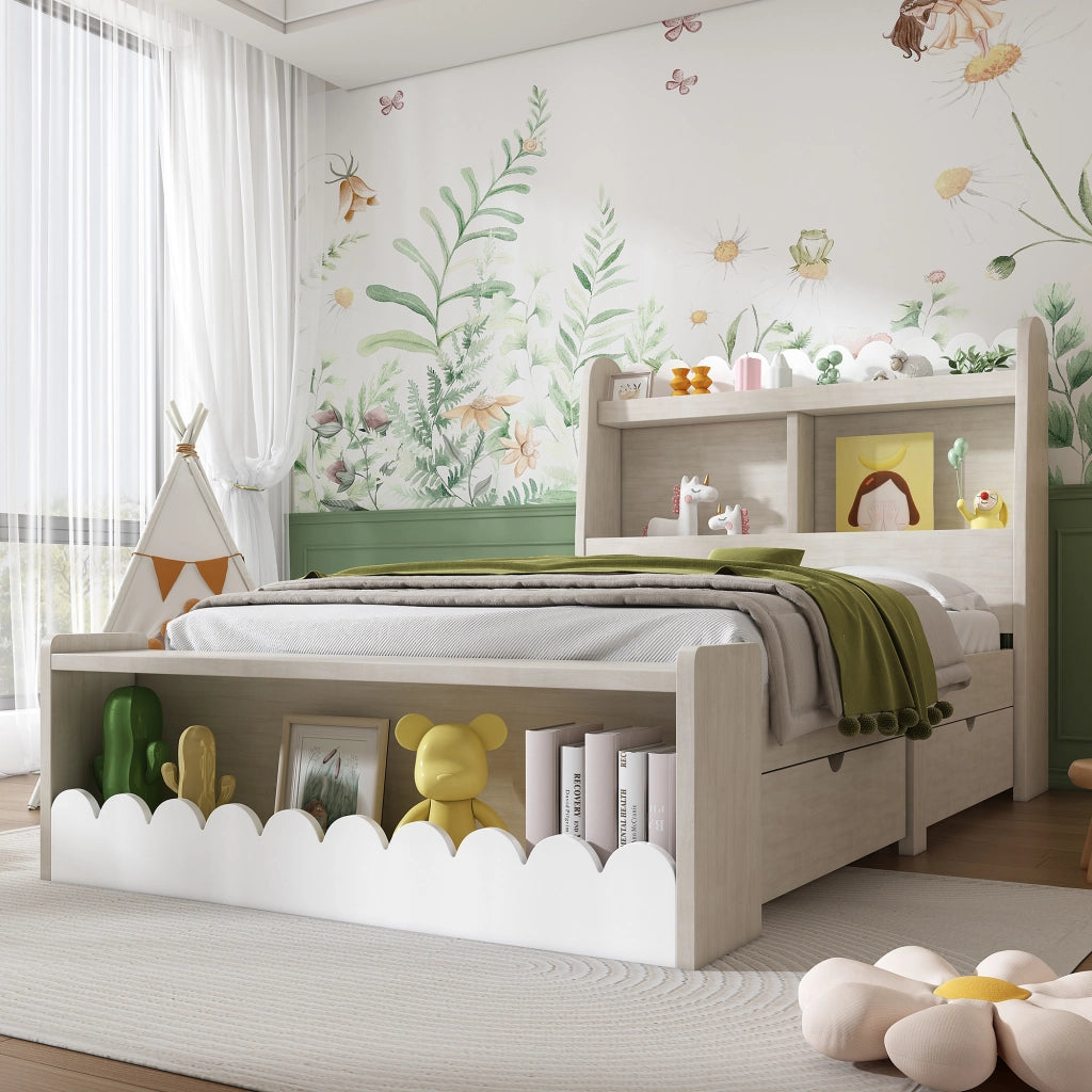 DESMIU Letto singolo per bambini con 2 cassetti, ripiani e panca contenitore 90 × 200 cm, senza materasso