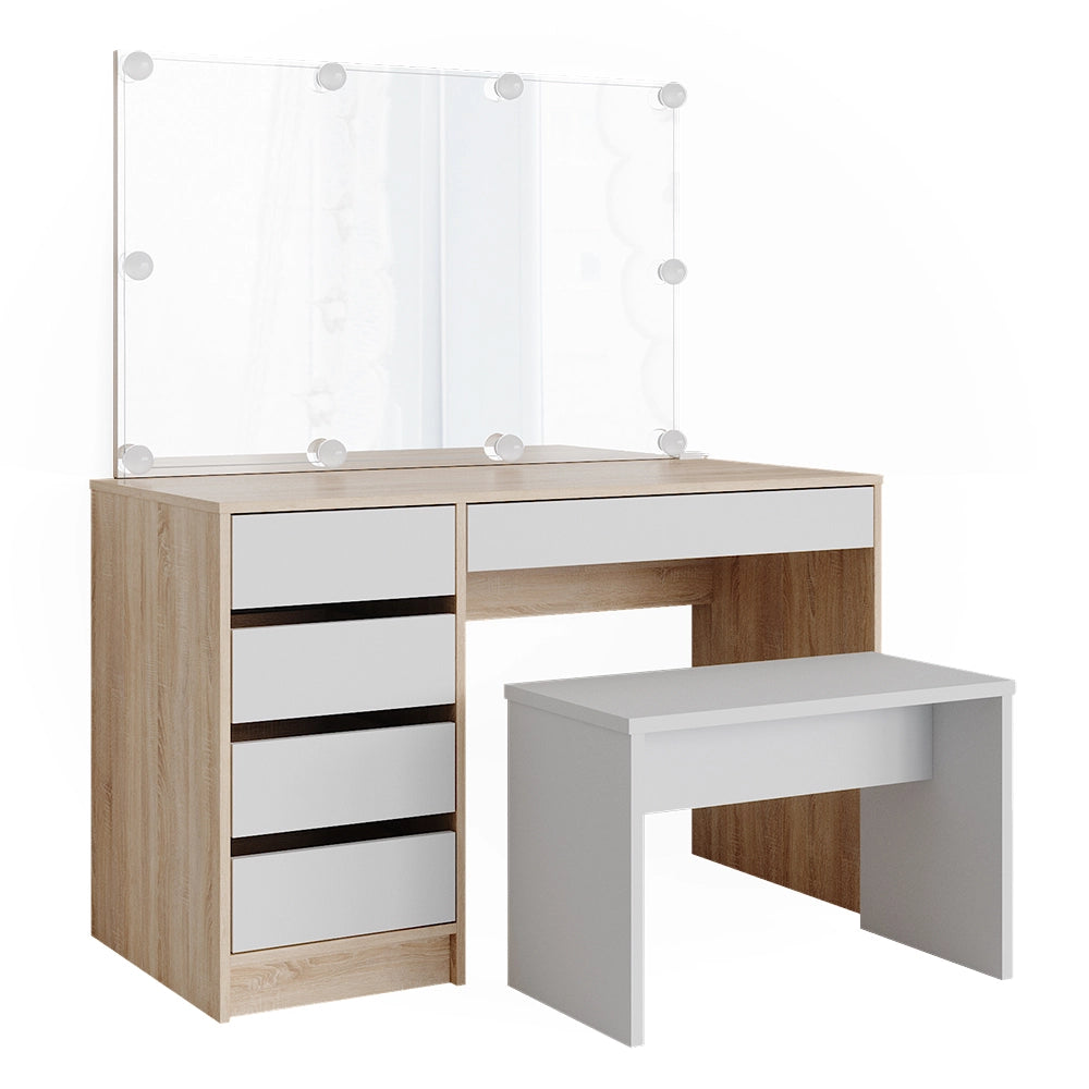 Vicco Tavolo da toeletta Bianco/Sonoma 120 cm con illuminazione a LED e panca
