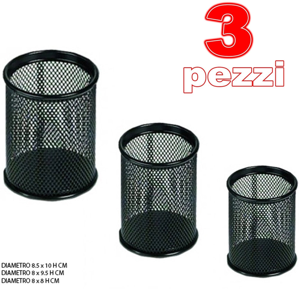 Trade Shop - 3 Portapenne Tondo Da Scrivania Metallo Rete Porta Penne Ufficio Cancelleria -