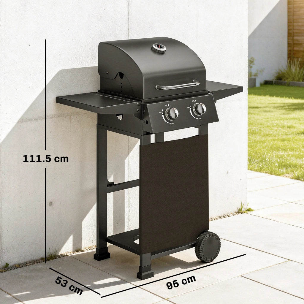 Barbecue a Gas Propano 95x53x111,5 cm con 2 Bruciatori Ripiani e Coperchio con Termometro in Acciaio Nero