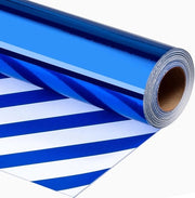 Papier di imballo blu metallizzato - colore blu uniforme e strisce, rotolo reversibile per regali, 43 cm x 10 m