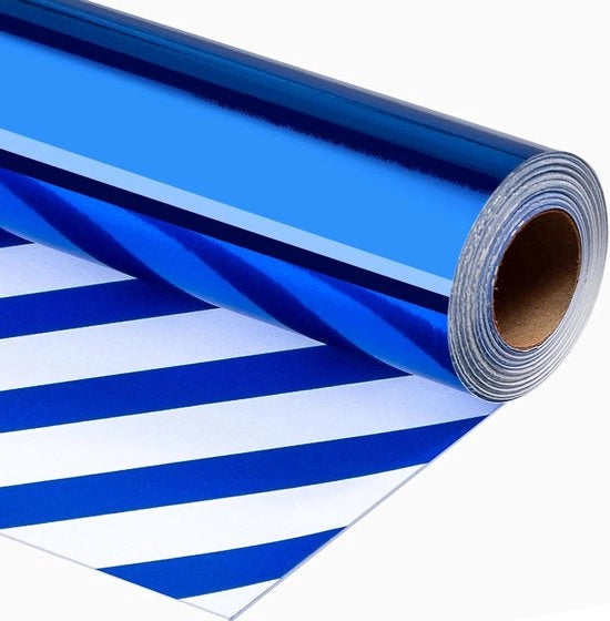 Papier di imballo blu metallizzato - colore blu uniforme e strisce, rotolo reversibile per regali, 43 cm x 10 m