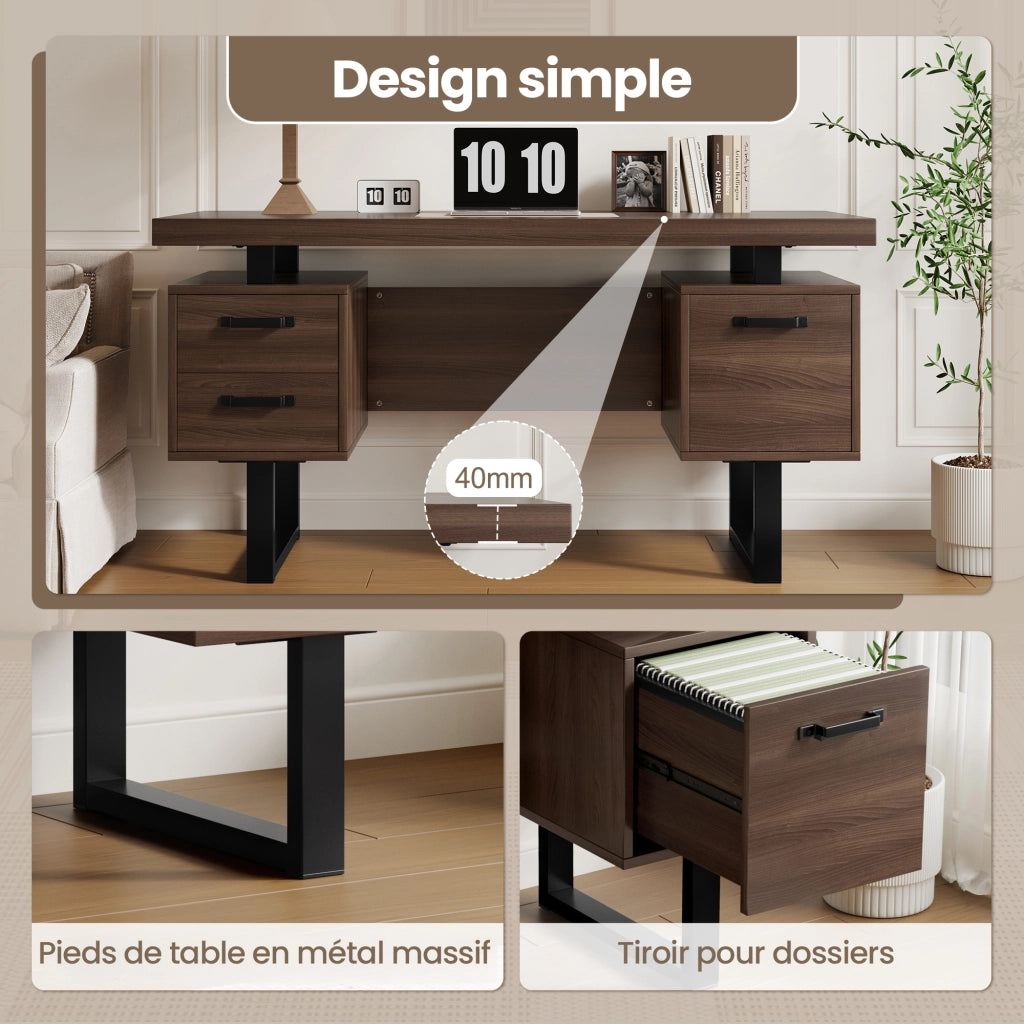 Scrivania lineare con 2 cassetti e vano per raccoglitori, in MDF e metallo, per ufficio, marrone, 135 × 54 cm