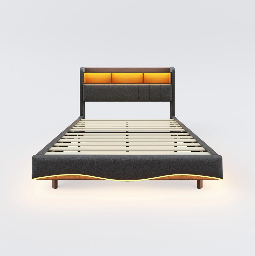 Letto imbottito sospeso 160x200 cm grigio con LED, USB/Type-C e vano testiera