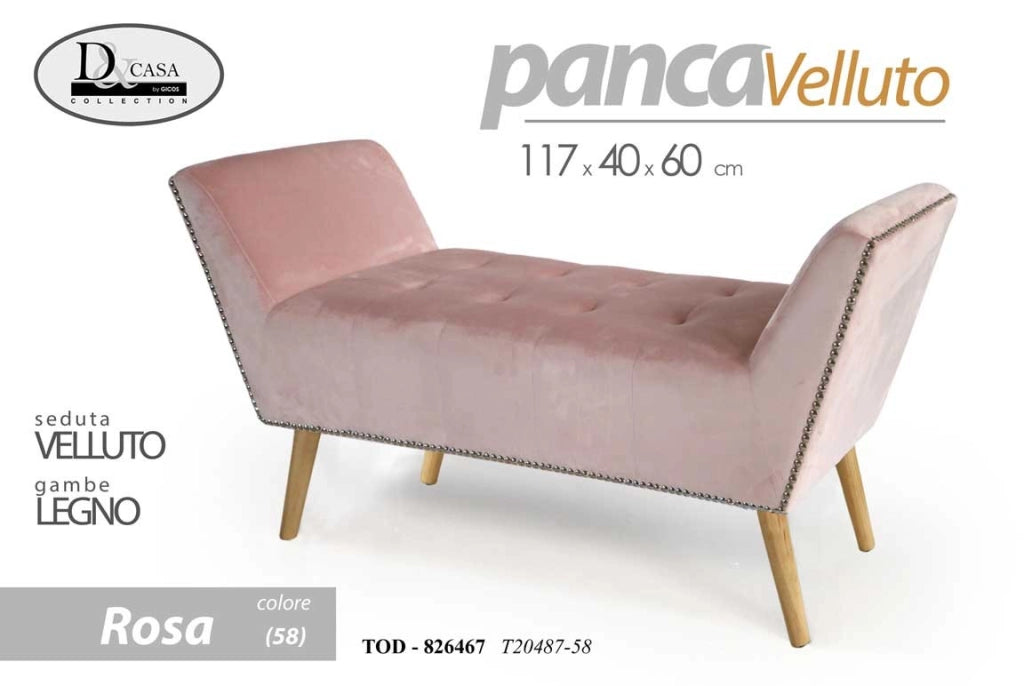 Panca retro in velluto rosa gambe in legno