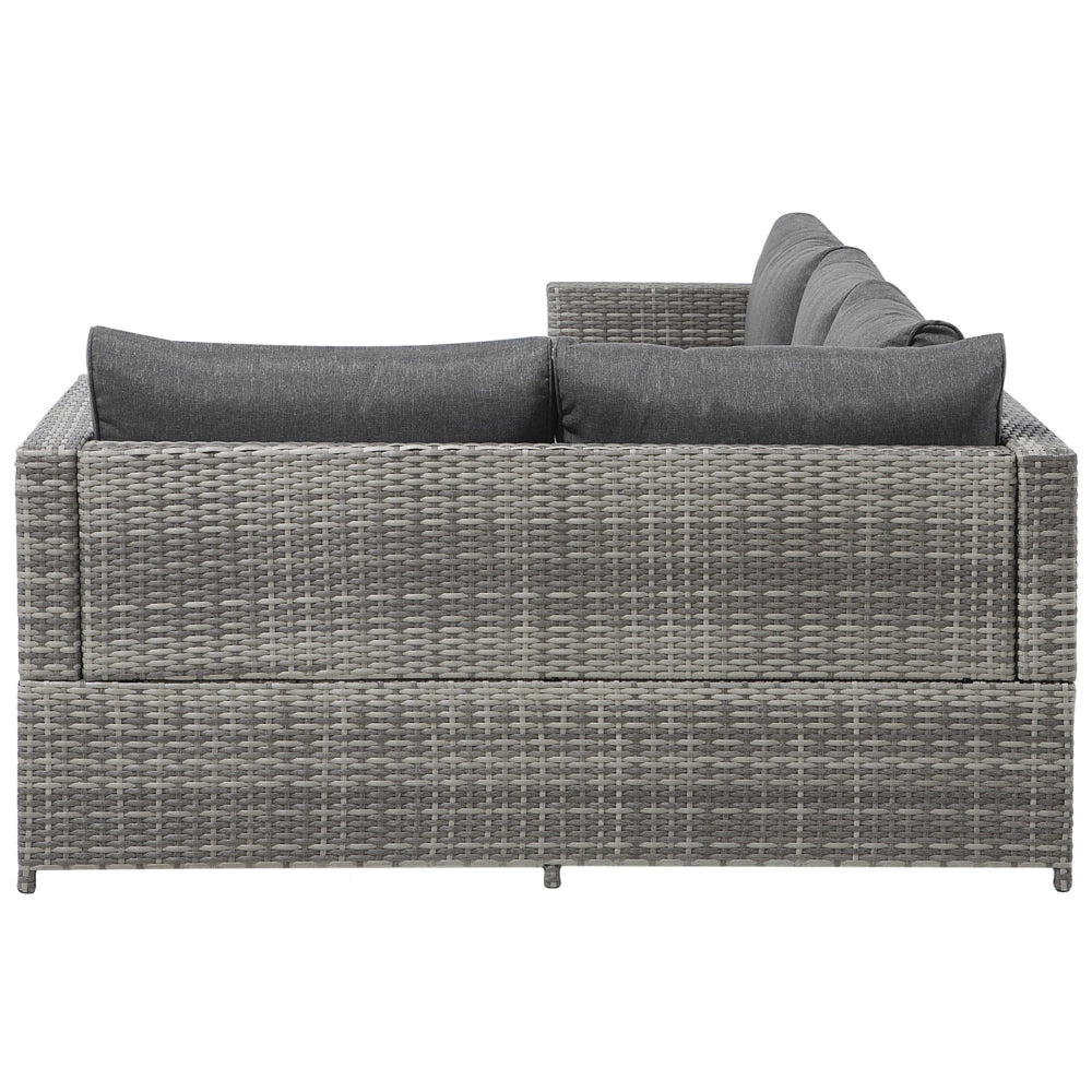 Divano ad angolo da giardino in rattan grigio con cuscini Tavolo quadrato in vimini per esterno con conversazione