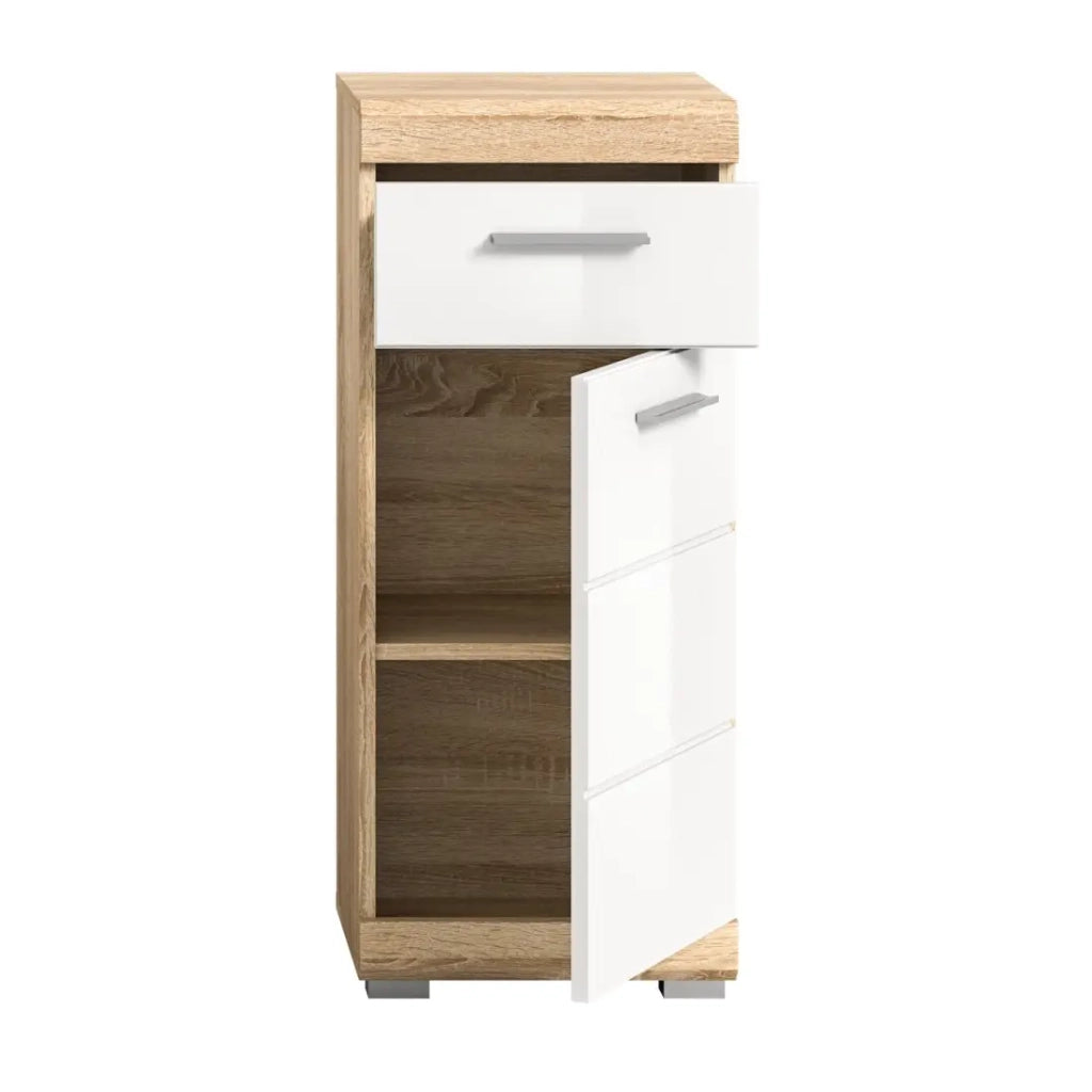 Armadio da bagno LEWOTO - 1 porta e 1 cassetto - Bianco e rovere chiaro