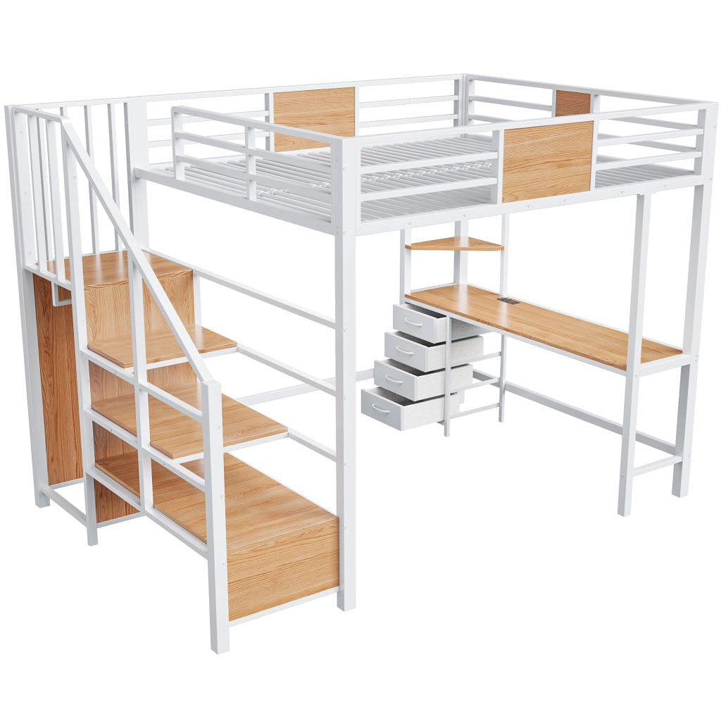 LETTO a soppalco 140x200 cm in metallo bianco con scrivania e ripiani