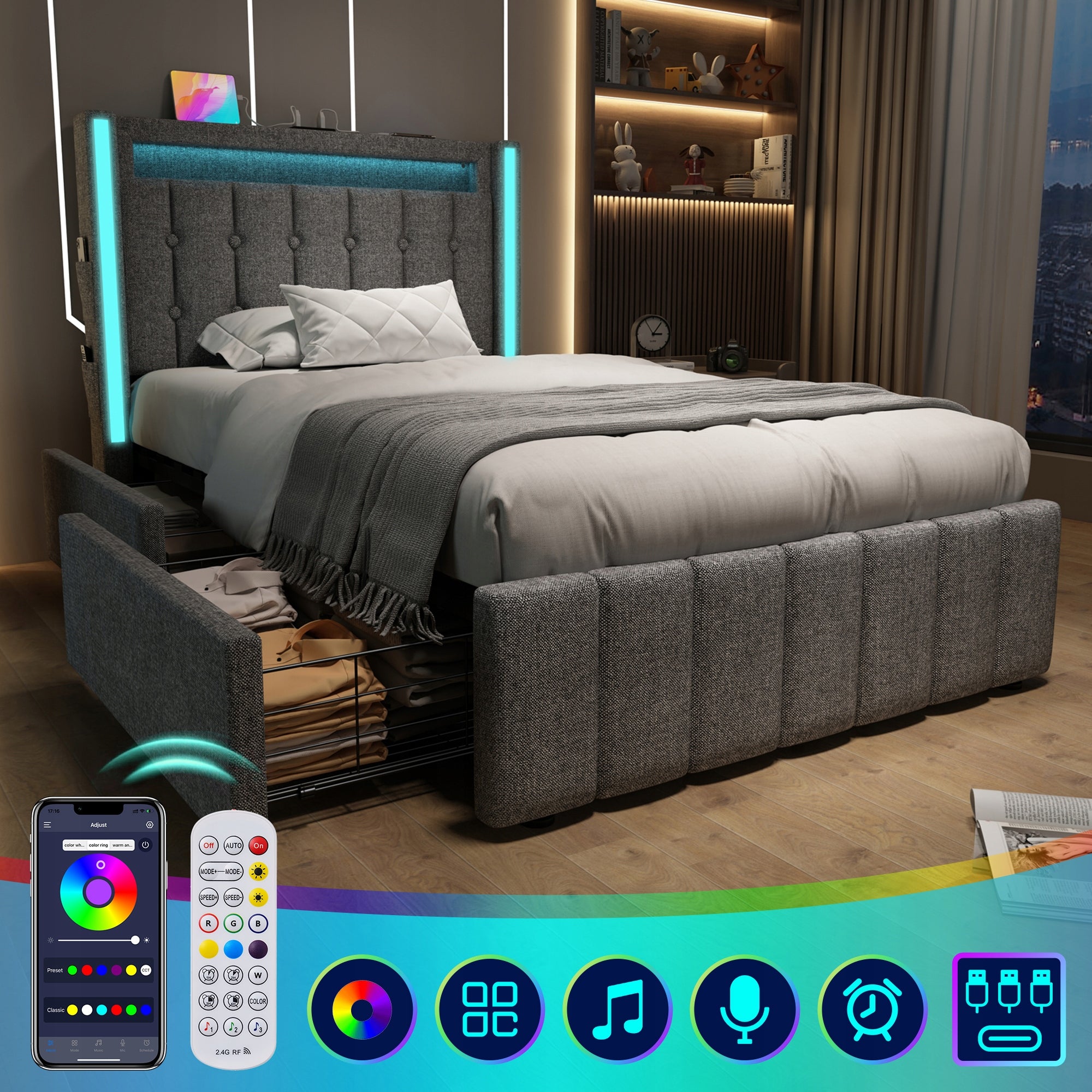 Letto singolo 90x200 - Xylo - Grigio con USB-C e materasso incluso