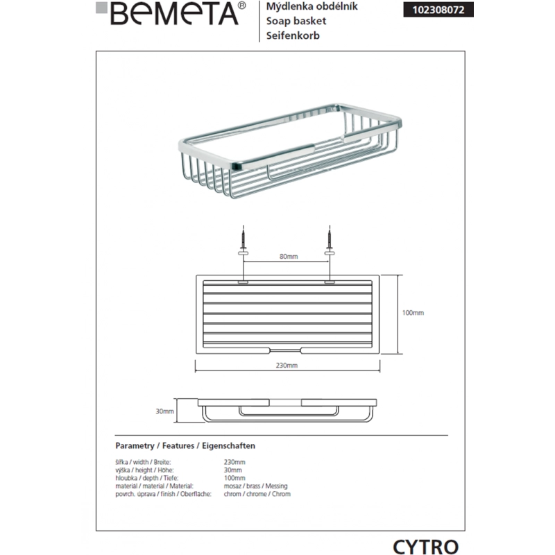 CYTRO portasapone rettangolare in ottone cromato 23x 10x 3cm