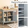 Carrello da Cucina con Piano in Legno di Gomma, 4 Ripiani Aperti 2 Cassetti e 1 Armadietto Chiuso, Carrello da Servizio con Ruote per Cucina Ristorante Bar, 99x46x90 cm (Grigio)