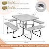 Set Tavolo da Picnic Quadrato con Panche per 8 Persone, Tavolo da Picnic con 4 Panche e Foro per Ombrellone, con Telaio in Metallo, Ogni Panca Portata 225 kg, per Giardino, Cortile (Grigio)