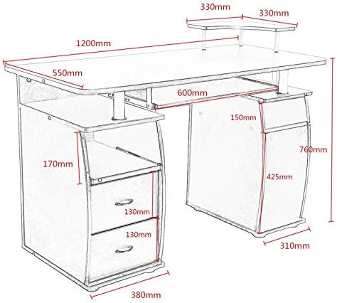 Scrivania Salvaspazio, Scrivania con Cassetti, Vassoio per Tasteriera, Ripiani e Porta Stampante, Scrivania Porta PC per Ufficio e Studio, 120 x 55 x 76 cm, Portata 60 kg (Nero)