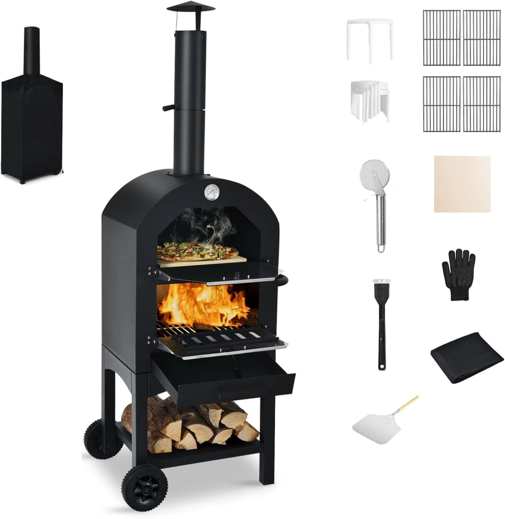 Mini forno per pizza, in ferro, da 200 ℃ a 350 ℃, portatile, con pietra per pizza, griglia, per feste, barbecue