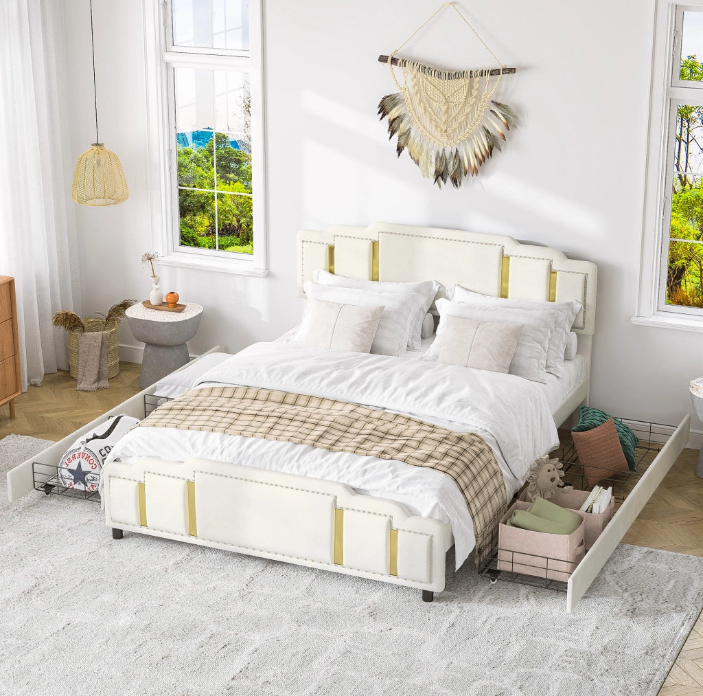 Letto 160x200 cm con cassetti e LED in velluto beige